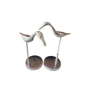 Vintage Pair of 16" Silver Metal Crane Statues | MCM Heron Sculpture Set |